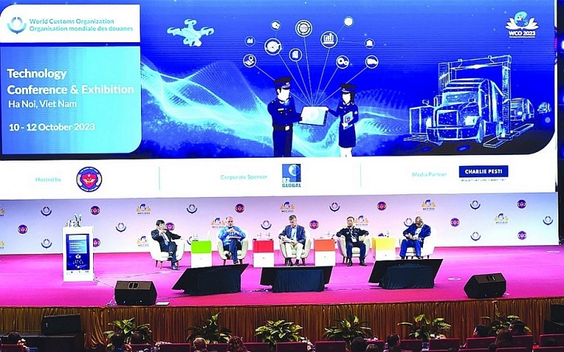 Speakers attends a panel session at the 2023 Technology Conference and Exhibition of the World Customs Organization (WCO) co-hosted by The General Department of Vietnam Customs in Hanoi on 10th – 12th October 2023