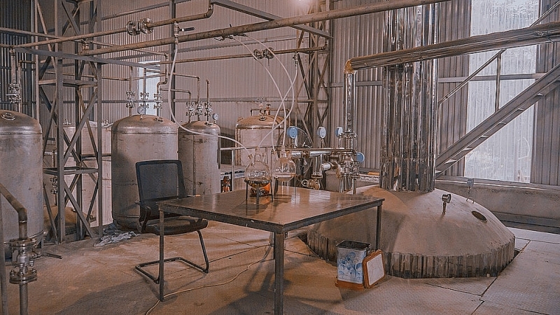 Cinnamon essential oil production equipment system at Trieu Duong Company. Photo: DNCC