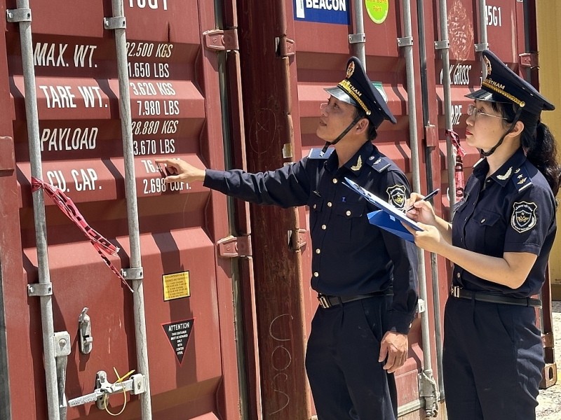 Officials of Quy Nhon Port Border Gate Customs Branch inspect imported goods. Photo: T.H