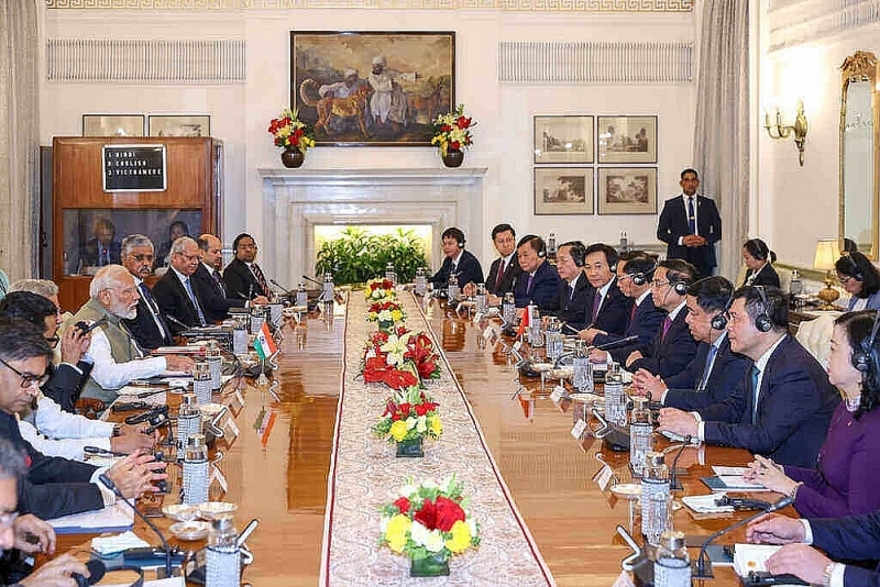 On August 1, 2024, in New Delhi, Vietnamese Prime Minister Pham Minh Chinh and Indian Prime Minister Narendra Modi held talks. Photo: VGP