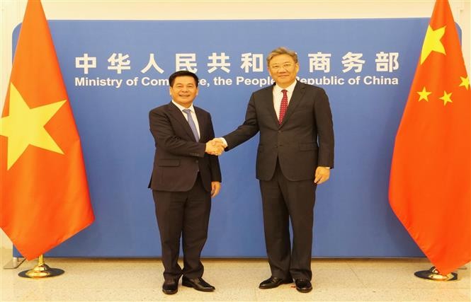 Minister of Industry and Trade Nguyen Hong Dien (L) and Chinese Minister of Commerce Wang Wentao shake hands before co-chairing the 13th session of the Vietnam-China Economic and Trade Cooperation Committee (Photo: VNA)