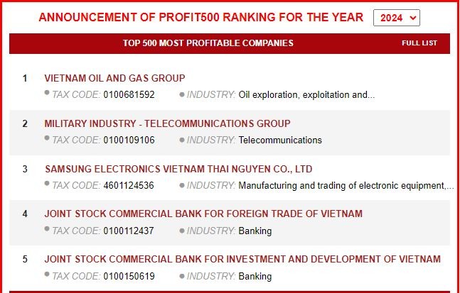 A screenshot of the rankings published on the website profit500.vn.