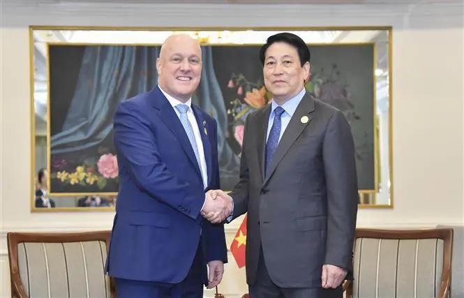 State President Luong Cuong (R) meets with Prime Minister of New Zealand Christopher Luxon in Lima on November 15 (local time) (Photo: VNA)