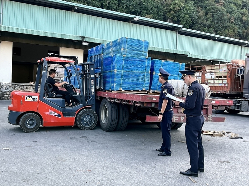 Tan Thanh Customs officers supervise imported machinery and equipment for loading. Photo: H.Nu