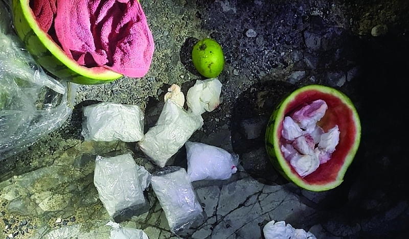 0.5 kg of drugs hidden in a watermelon seized by Kien Giang Police in February 2022.
