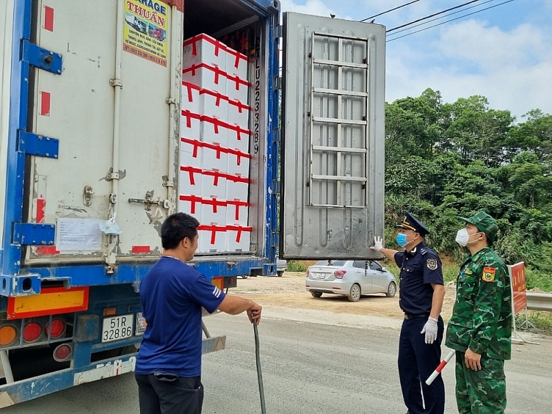 A Customs officer inspects import and export goods at Tan Thanh border gate. Photo: Nguyen Thanh