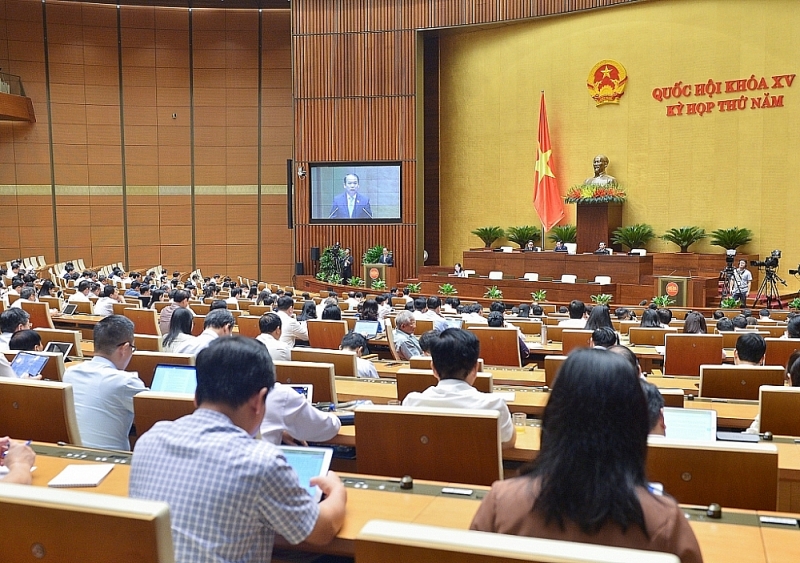 The National Assembly listens to the Chairman of the National Assembly's Law Committee, Hoang Thanh Tung, presenting the report on verifying the Housing Law (amended) project. Photo: Quochoi.vn