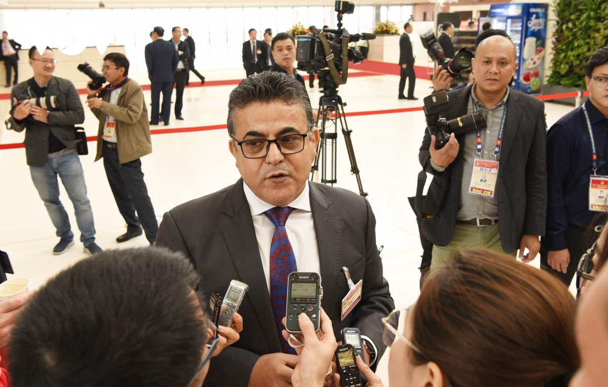 Palestinian Ambassador to Vietnam Saadi Salama gives a media interview on the sidelines of the 13th Congress of the Communist Party of Vietnam