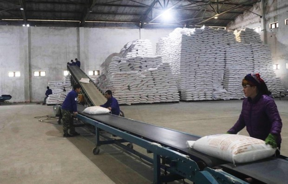 Sugar bags are loaded into a warehouse of the Cao Bang sugar refinery in Cao Bang province