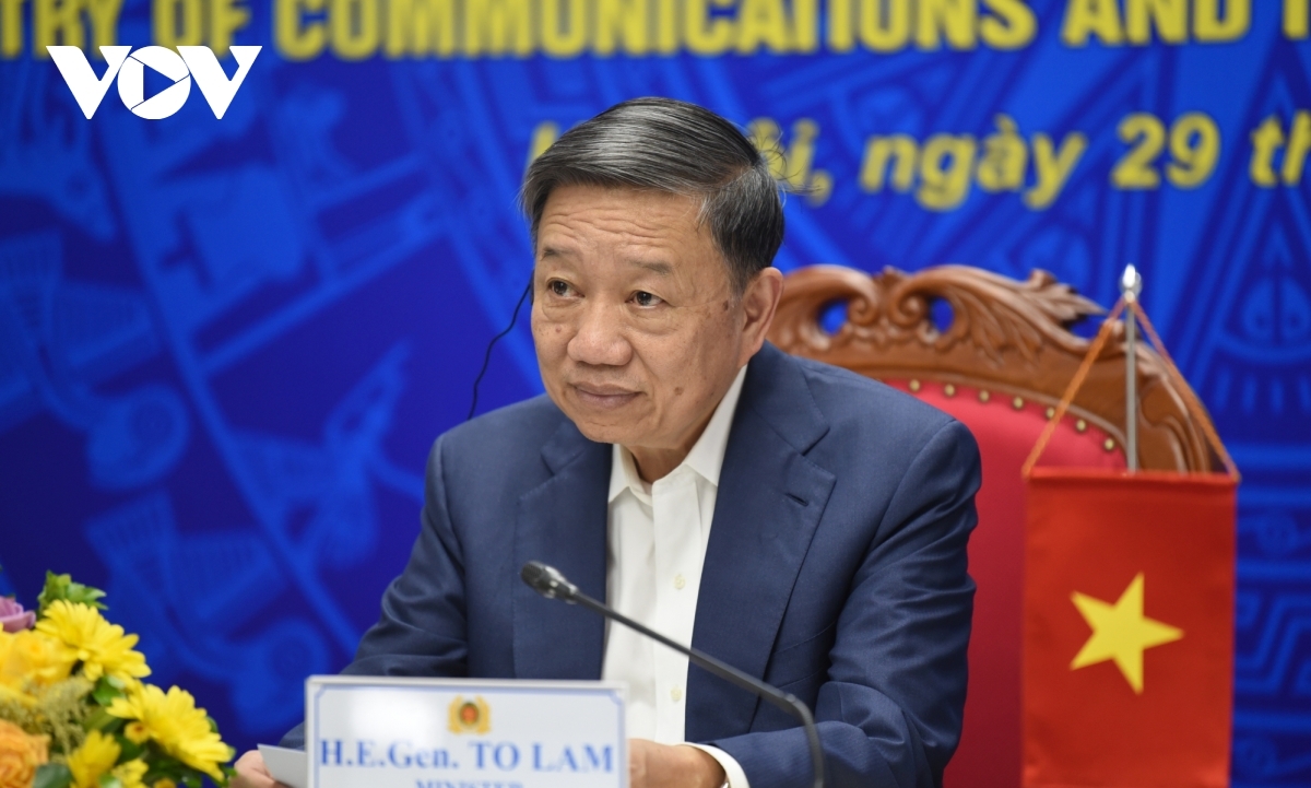 Vietnamese Minister of Public Security Gen. To Lam speaks at the event