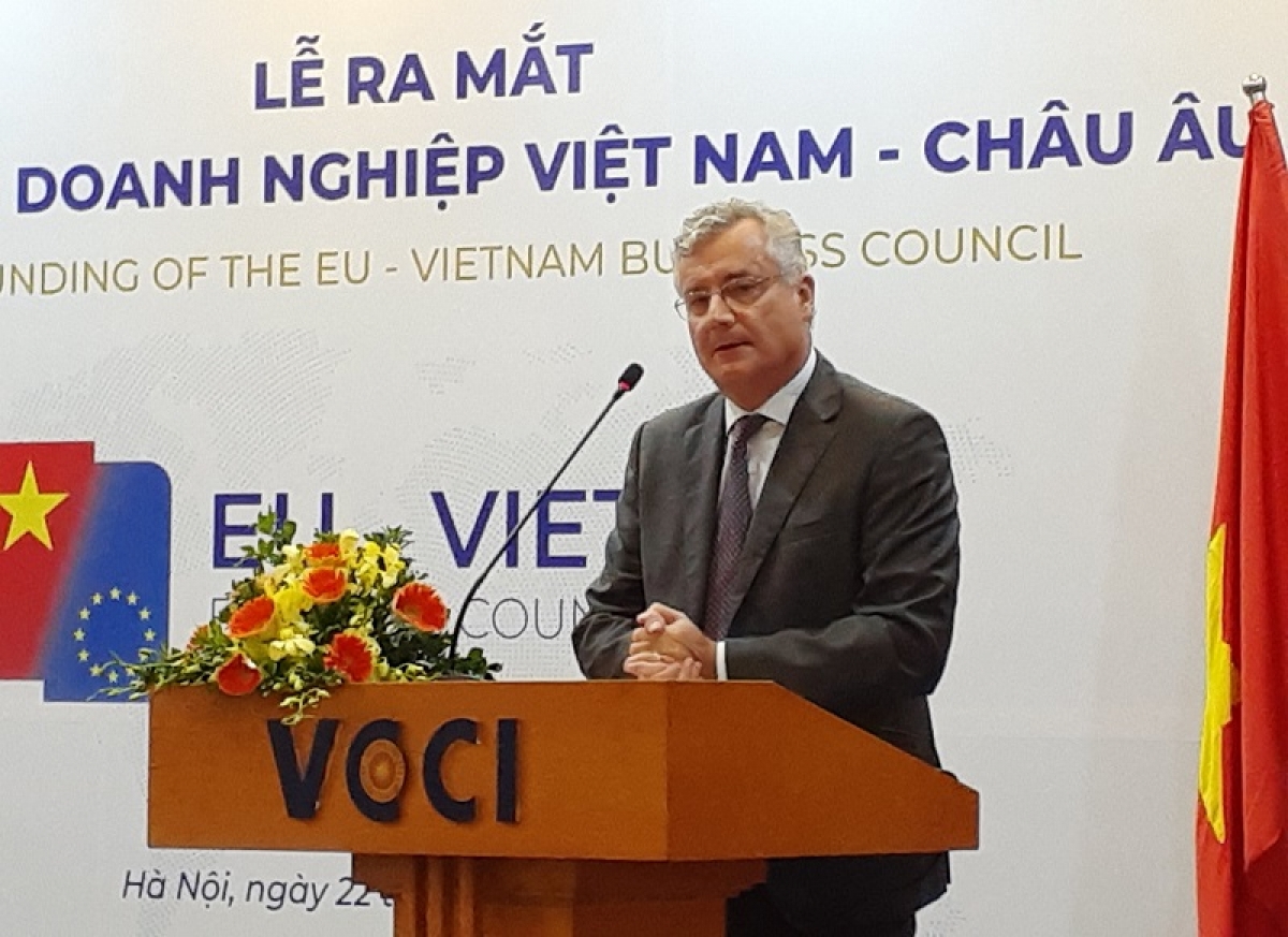 Nicolas Audier, chairman of EuroCham, speaks at the ceremony.