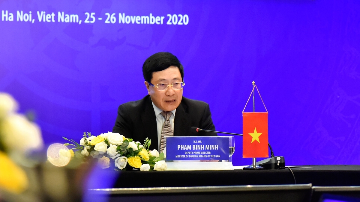 Deputy Prime Minister and Foreign Minister Pham Binh Minh speaks at the online meeting