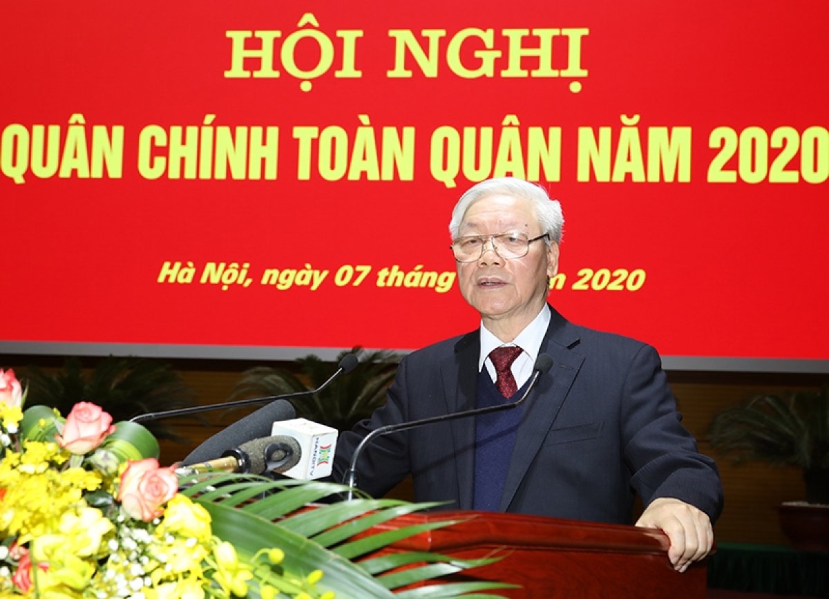 Party General Secretary and State President Nguyen Phu Trong speaks at the conference. (Photo: Defence Ministry)
