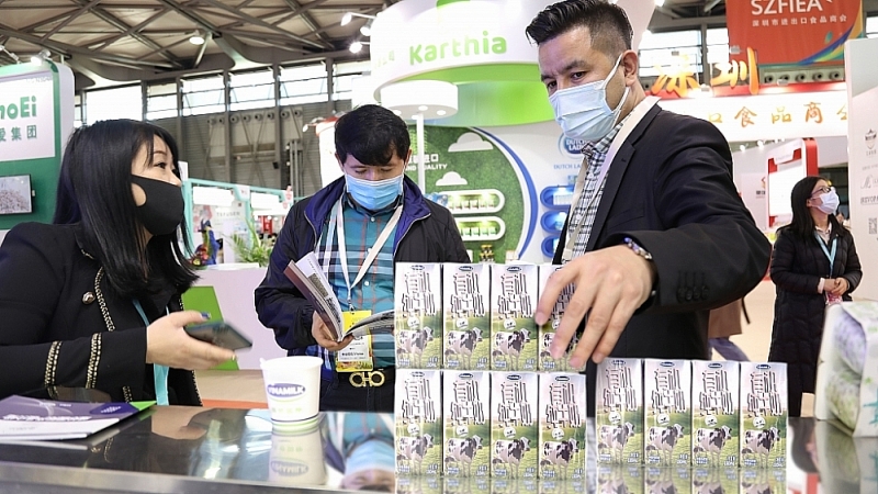 Milk products of Vinamilk are displayed in International Food Expo in Shanghai.