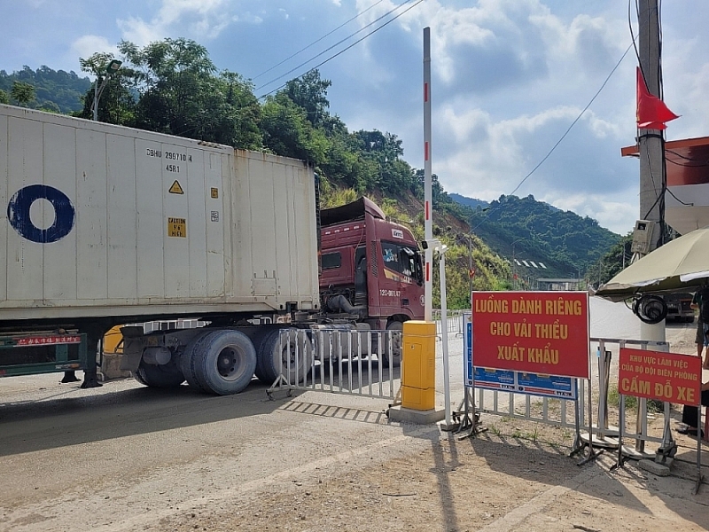 Refrigerated containers carrying fresh lychees are arranged in a priority channel by competent forces at Tan Thanh border gate. Photo: H.Nụ