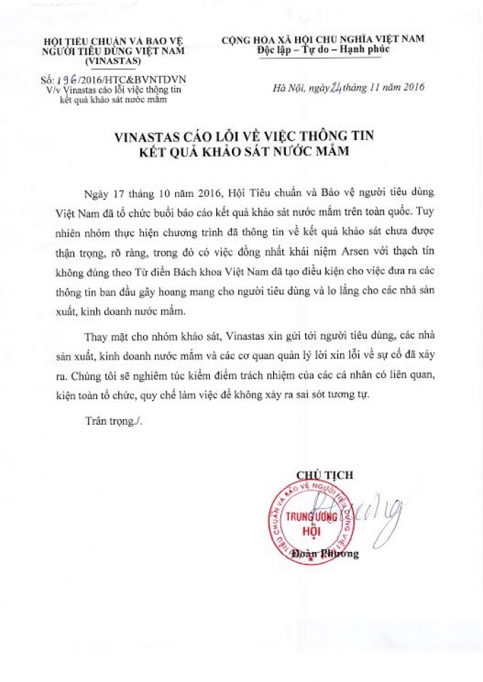 vinastas apologises to consumers for information on fish sauce